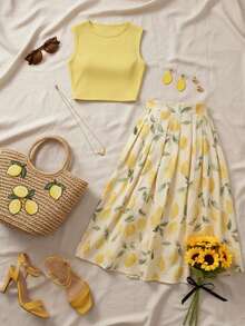 Resyla Plus Size Solid Color Tank Top And Casual Lemon Print Skirt Set - Yellow - View 3