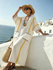 SHEIN Holidaya Women's White And Yellow V-Neck Printed Loose Three-Quarter Sleeve Bohemian Dress,Summer Boho Holiday Vacation Holiday Resort Kaftan Beach Cover-Up - Multicolor - View 1