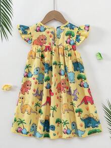 Elladie kids Vestido de verano para niña con estampado de dinosaurio y volantes en el bajo - Amarillo - Ver 2