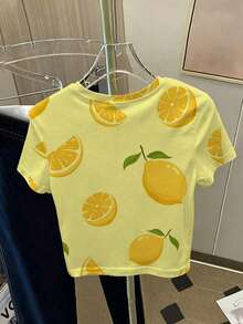 Summer Casual Crescent Print Short Sleeve T-Shirt - Yellow - View 2
