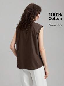 Ontre Women's Coffee Brown Summer Top,Effortless Chic Stockholm Style Casual Loose Sleeveless Button Shirt,Elegant Sophisticated Office Wear - Brown - View 2