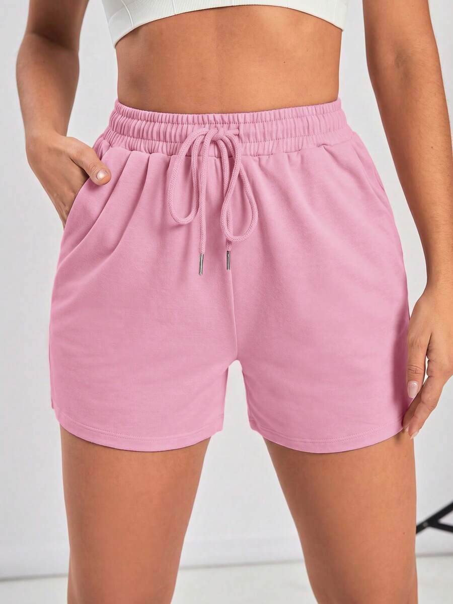 Powerista Women's Solid Color Drawstring Waist Pocket Casual Versatile Daily Wear Sports Shorts - Pink - View 1