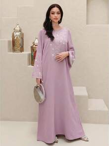 Al Najma Women's Rhinestone Decor Round Neck Long Sleeve Elegant Arabic Style Dress - Mauve Purple - View 6