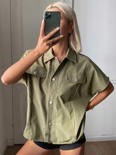 DAZY Women's Loose Solid Color Turndown Collar Short Sleeve Casual Street Thin Jacket Vest For Summer