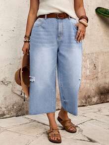 EMERY ROSE EMERY ROSE Plus Size Women Distressed 3/4 Length Denim Jeans Formal Vacation Light Blue Summer Casual Traditional - Light Wash - View 7