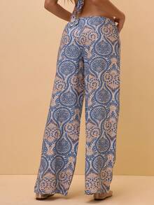Musera Resort Pantalones de playa elegantes con estampado de paisley de sensación de lino con nudo delantero para vacaciones de verano, días de playa bohemios y mediterráneos, Thalassa - Azul - Ver 4