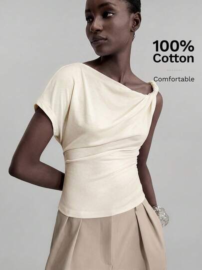 Ontre Women's Solid Color Batwing Short Sleeve Pleated Casual T-Shirt Casual Blouse For Women  Vacation Outfits Women  Women's Social Blouse  White Top