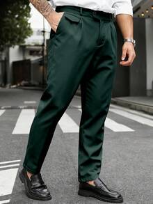 Manfinity Mode Pantalones de traje casuales versátiles para hombres de talla grande, unicolor, con pliegues y bolsillos, para ir al trabajo, ceremonias y eventos formales - Verde Oliva - Ver 6