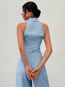 Firerie Women's Light Blue Asymmetrical Collar Sleeveless Blazer Vest, Metal Button Cinched Waist Vest, Elegant British Style Summer Tropical Cocktail - Blue - View 2