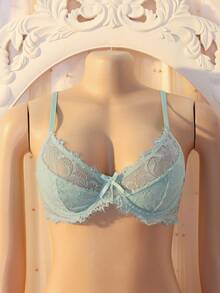 DelicateAllure 浅蓝色蕾丝拼接钢圈文胸，简约优雅精致女士内衣 - 淺藍色 - 查看 6