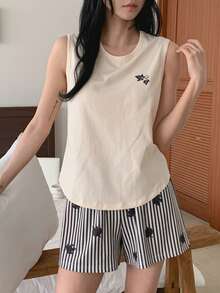 DAZY Women's Plant Print Round Neck Camisole And Striped Shorts Pajama Set - Beige - View 5