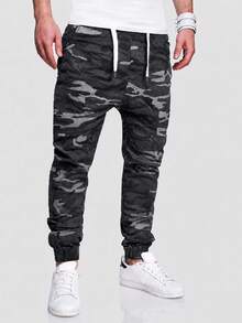 Manfinity Homme Quần dài nam dáng rộng, in họa tiết rằn ri, có dây rút ở eo. - Xám - Xem 1