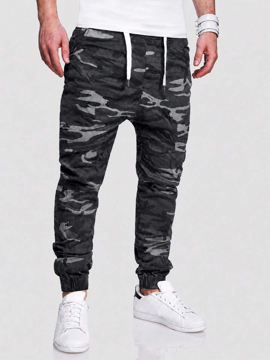 Manfinity Homme Quần dài nam dáng rộng, in họa tiết rằn ri, có dây rút ở eo. - Xám - Xem 1