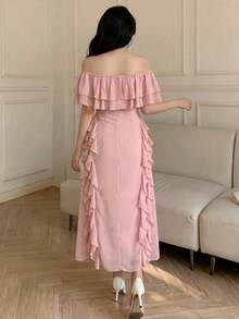 Modelyn Rosa chiffongklänning med off-shoulder och volang i midjan, elegant för kvinnor, lämplig för semester - Rosa - Visa 2