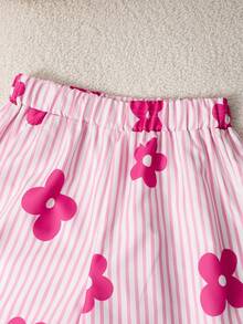 SHEIN Elladie kids Bộ đồ 2 món thoải mái cho bé gái: Áo thun trắng và quần ống đứng kẻ sọc. - Hồng - Xem 7