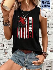 SHEIN LUNE Áo tank top đen in hình cờ và ngựa, chất liệu 95% cotton, đa năng. - màu đen - Xem 1