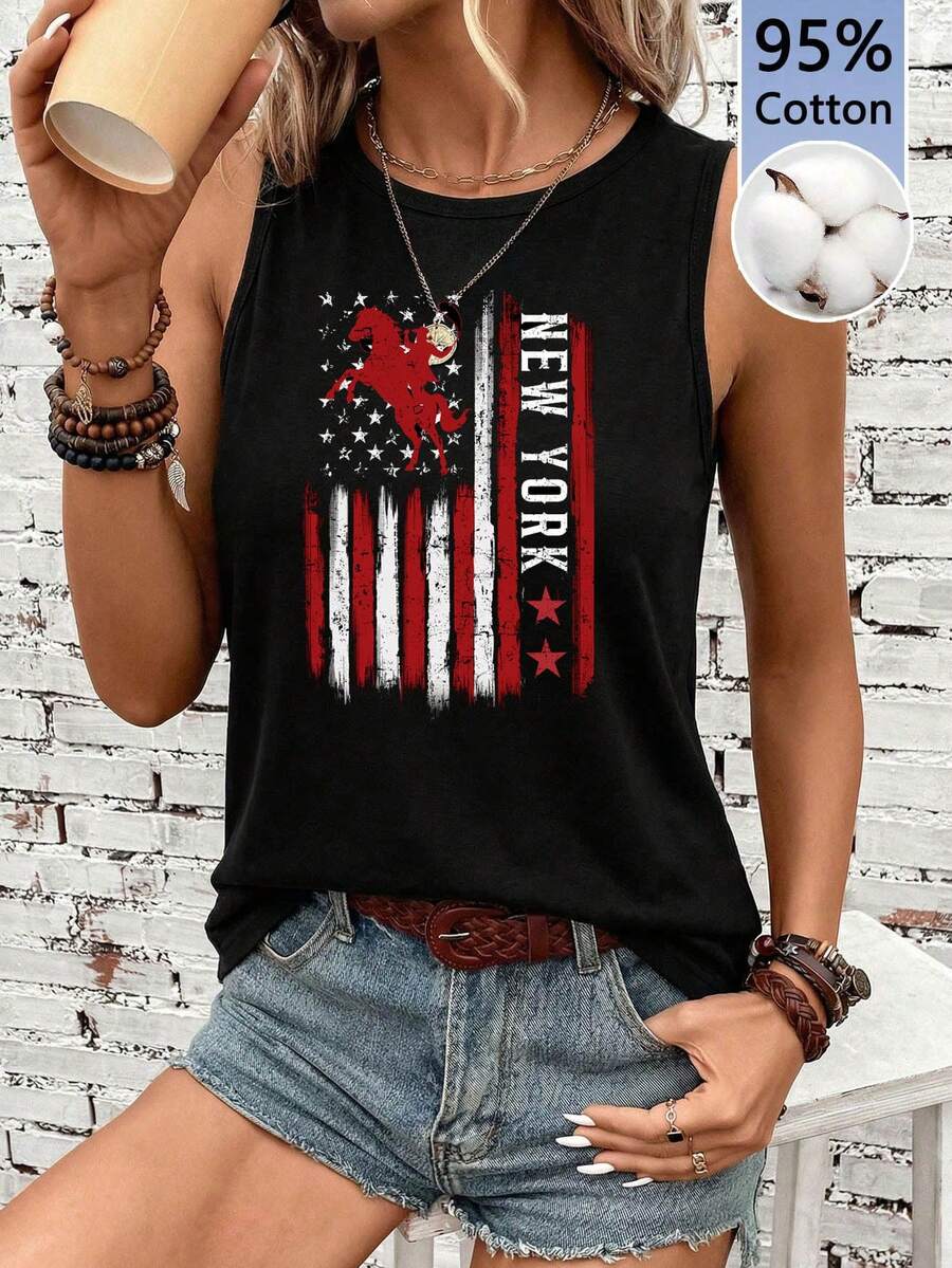 SHEIN LUNE Áo tank top đen in hình cờ và ngựa, chất liệu 95% cotton, đa năng. - màu đen - Xem 1