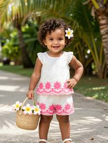 SHEIN 2pcs Unisex Infant Toddler 0-3Y Casual Embroidery & Printed Pattern Shirt, Country Style Spring/Summer Outfit For Baby Girls - Pink - View 7