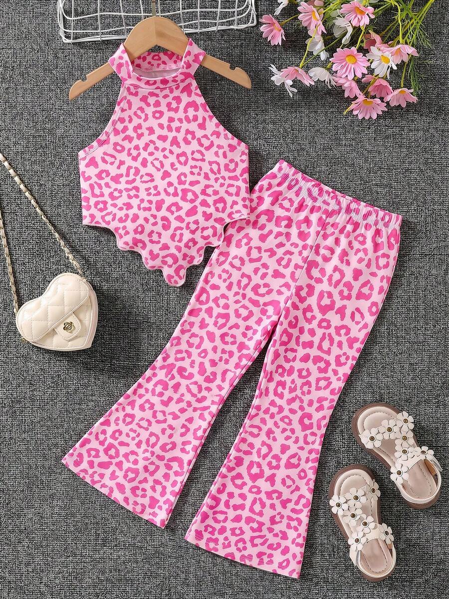 Young Girl Light Pink Knitted Halter Top & Flared Pants Set,Kids Leopard Print Stretchy Fabric Outfit,Summer Musical Festival Fashionable Comfy Set - Pink - View 1