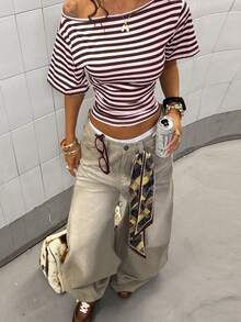 StreetHx Women's Fashionable Multi-Color Striped Asymmetrical Shoulder Casual T-Shirt - Multicolor - View 3
