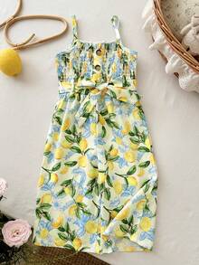 SHEIN Bộ áo liền quần dáng rộng in hình chanh cho bé gái đi nghỉ mát - Nhiều màu - Xem 4