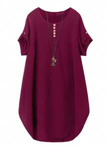 SHEIN LUNE Đầm nữ cỡ lớn cổ tròn tay ngắn, kiểu dáng thường ngày thoải mái, phù hợp cho việc đi lại hàng ngày. - Màu Hồng Tươi - Xem 1