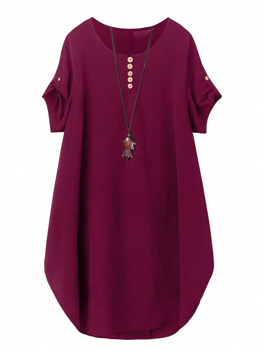 SHEIN LUNE Đầm nữ cỡ lớn cổ tròn tay ngắn, kiểu dáng thường ngày thoải mái, phù hợp cho việc đi lại hàng ngày. - Màu Hồng Tươi - Xem 1