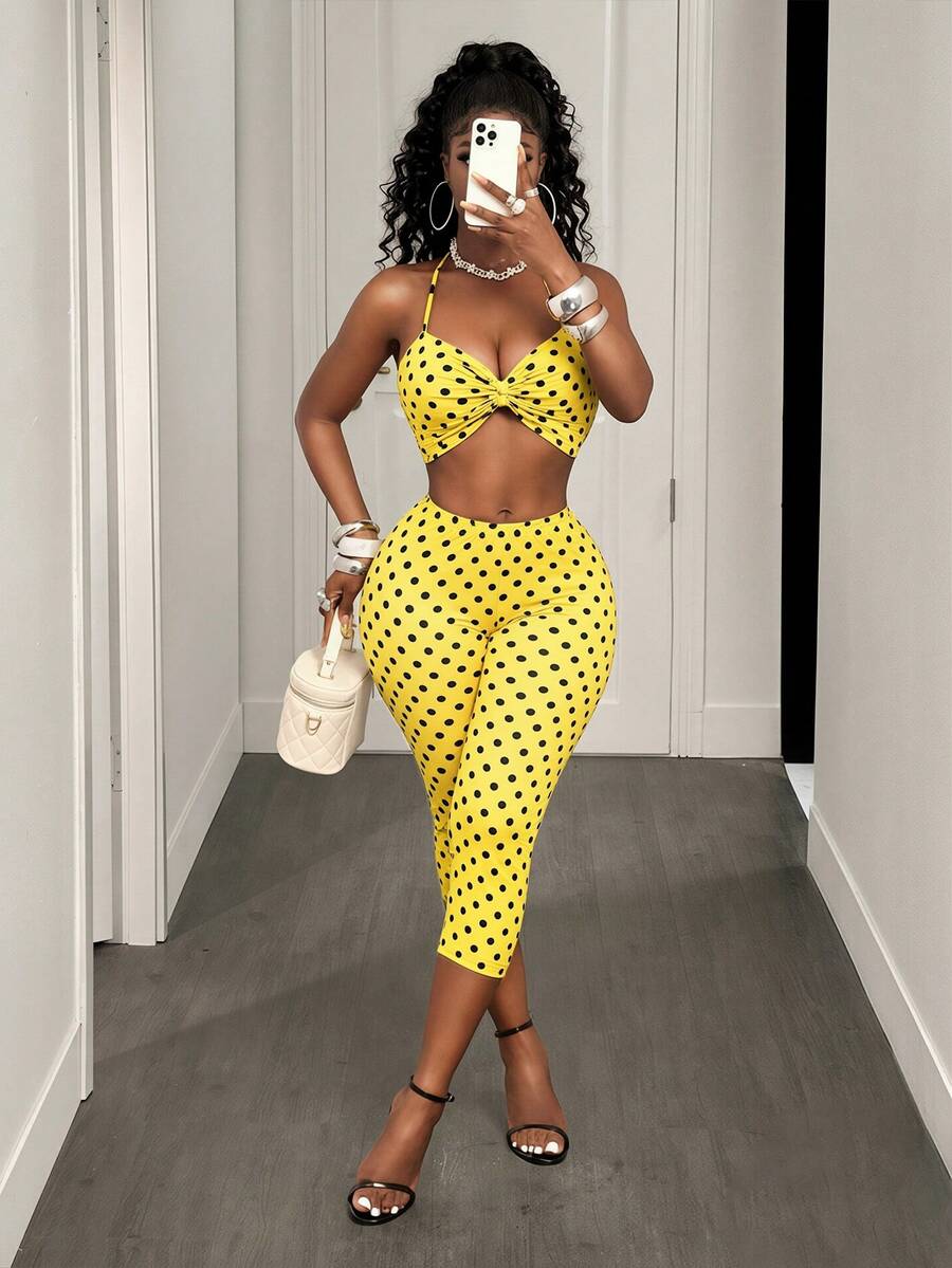 BamGleam Set de 2 piezas: Top halter sin espalda con estampado de lunares y leggings, para verano y sexy - Amarillo - Ver 1