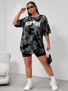 Muchica Áo thun tay ngắn cổ tròn dáng rộng, tối giản, họa tiết chữ New York nhuộm tie-dye, thích hợp cho mùa hè. - Nhiều màu - Xem 5