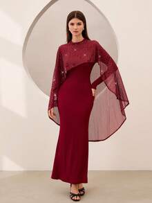 Graceveil Bộ 2 món thanh lịch gồm áo choàng poncho bất đối xứng thêu sequin màu đỏ tía và váy đuôi cá màu đỏ tía. - Màu Đỏ Sâu - Xem 6