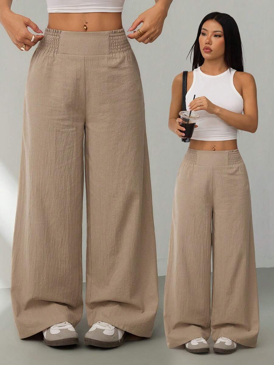 SHEIN PETITE Bộ sưu tập Xuân/Hè 2026 mới, kiểu dáng thường ngày, thích hợp cho các buổi đi chơi, dự tiệc, đi làm, đi học, hẹn hò, ở nhà, tiệc sinh nhật và nhiều dịp khác. Quần ống rộng, cạp chun, màu be, phù hợp cho nhiều hoạt động. - Màu Khaki - Xem 1
