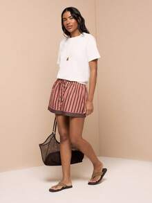 KSTM Striped Elastic Waist Regular Fit Summer Casual Loose Shorts With Brown Border Trim - Multicolor - View 3