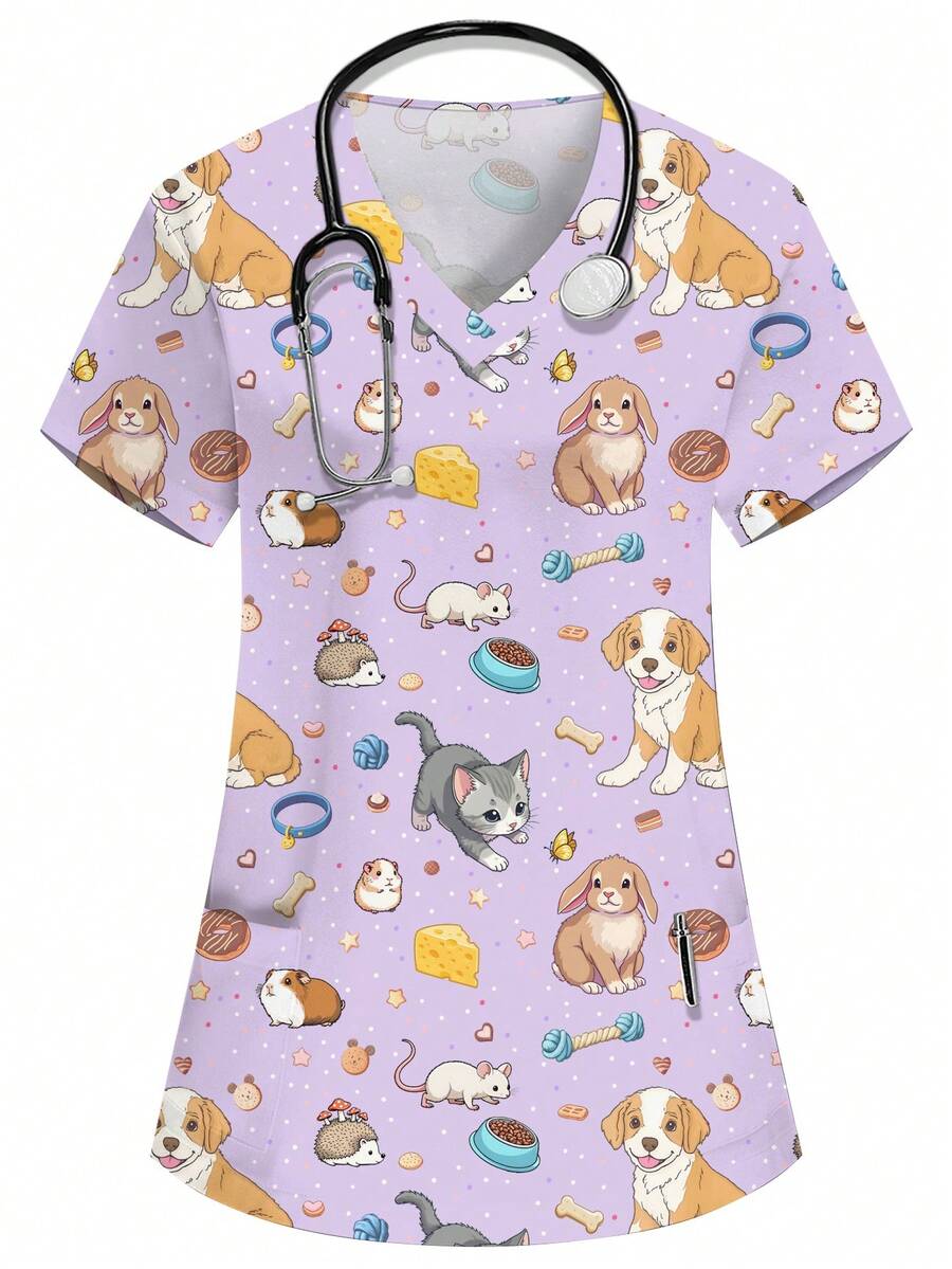 SHEIN 女士紫色V领短袖双口袋可爱卡通图案工作服上衣,萌萌的小狗印花,护士医生制服,纯色宠物美容工作服,营养师实验服,多口袋功能性工作服,女士假日实用套装,可爱 - 紫色 - 查看 1