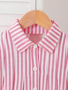 SHEIN Elladie kids Đầm cotton hồng kẻ sọc cho bé gái, điểm nhấn là nơ hồng ngoại cỡ, tay phồng ngắn, cổ Peter Pan, kiểu dáng thường ngày, thích hợp cho kỳ nghỉ, mặc hàng ngày. - Hồng - Xem 8