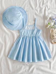 SHEIN Vintaside Kids 2pcs/Set Gaun Tanpa Lengan Model A-Line Motif Kelinci dan Bunga Garis-garis Biru Putih Lucu untuk Bayi Perempuan, Pakaian Liburan Musim Panas yang Segar untuk Pesta & Foto - Biru - View 2