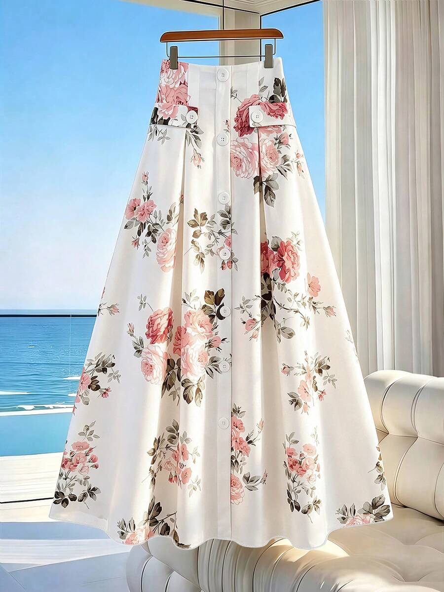 SHEIN Holidaya 女士春夏露脐弹力粉色印花纽扣装饰中长裙，时尚沙滩休闲A字中长裙，夏季户外服装，印花中长裙