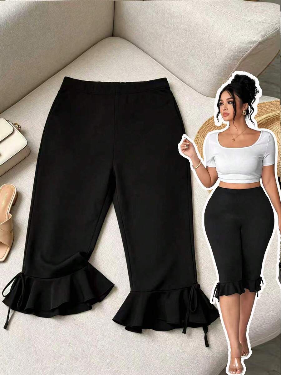 Elenzga Quần dài lửng 7/8 ôm sát, tối giản, màu đen, dành cho nữ, chất liệu dệt kim, có dây buộc eo. - màu đen - Xem 1