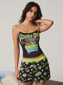 SCOOBY-DOO X SHEIN 女士字母卡通印花吊带背心和短裤休闲家居服睡衣套装 - 黑色 - 查看 6