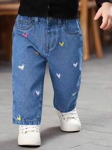 SHEIN LMoss Kids Quần jean denim dáng rộng cho bé gái, có thêu hình trái tim và túi quần. - Rửa trung bình - Xem 2