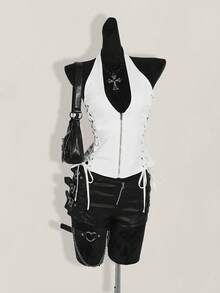 SHEIN ICON Áo tank top nữ mùa hè kiểu Y2K cổ chữ V, thích hợp đi dự tiệc, hòa nhạc, màu đen, phong cách Gothic gợi cảm, có khoen kim loại, dây đeo chéo bên hông, kiểu yếm. - trắng - Xem 3
