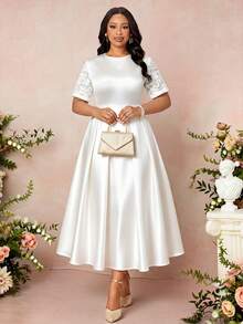 SHEIN Lady Plus Size Elegant Party Solid Color Lace Patchwork Dress - White - View 6