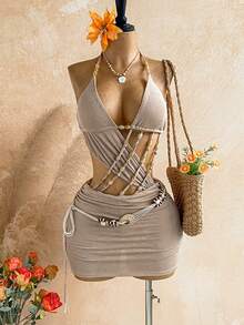 Soleia Women's Spring/Summer Printed Mesh Beaded Backless Mini Dress, Perfect For Beach Vacation Vacation And Pool Party. Travel Taupe Tropical - Grey - View 3