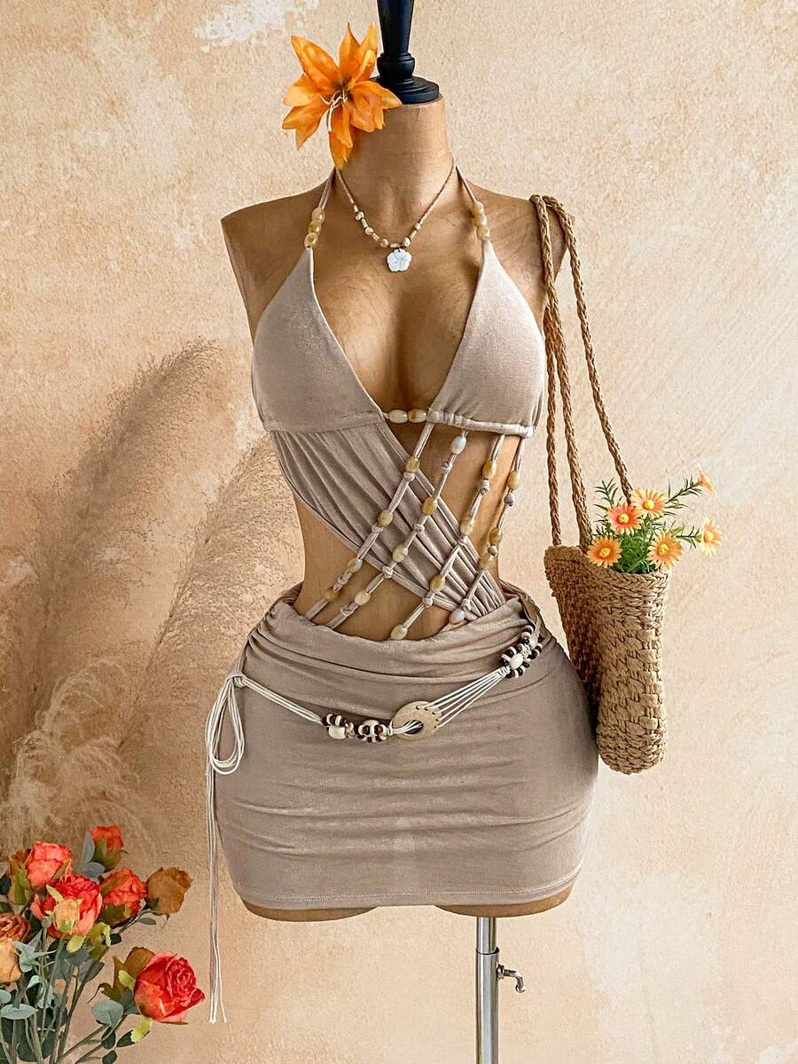 Soleia Women's Spring/Summer Printed Mesh Beaded Backless Mini Dress, Perfect For Beach Vacation Vacation And Pool Party. Travel Taupe Tropical - Grey - View 1