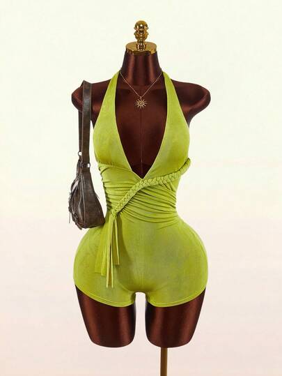 Amplova Bộ jumpsuit nữ mùa hè mới về, cổ chữ V sâu, thiết kế dây buộc gợi cảm.