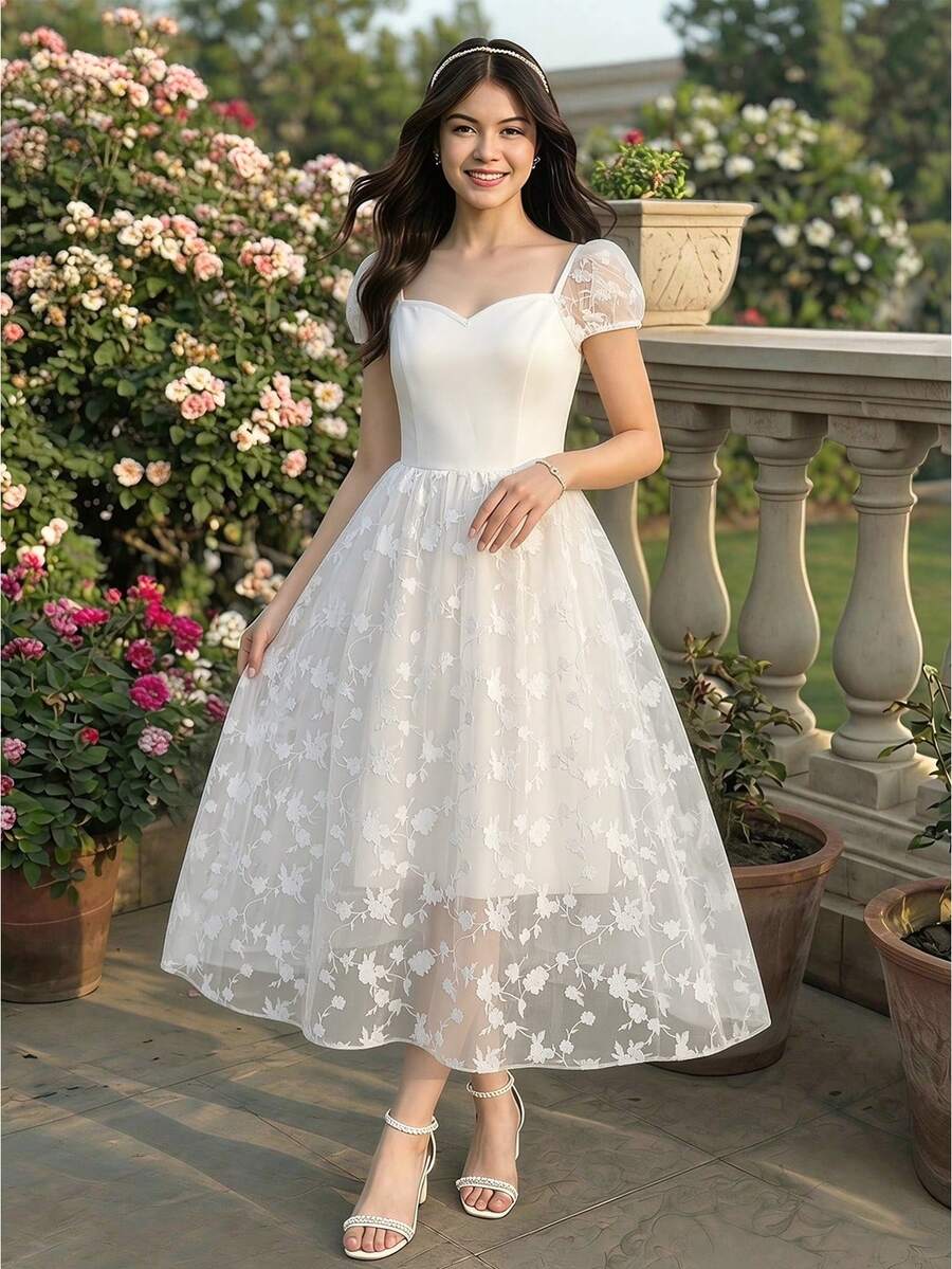 SHEIN 女童蕾丝连衣裙，优雅白色纯色长裙，适合婚礼、毕业典礼及各种聚会场合 - 白色 - 查看 1