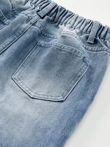 SHEIN Quần jeans ống rộng dáng suông cho bé trai, chất liệu denim mài, kiểu dáng thoải mái, cạp chun, phù hợp cho kỳ nghỉ, lễ hội âm nhạc, trường học, đi làm, dự tiệc và các dịp khác. - Rửa trung bình - Xem 5