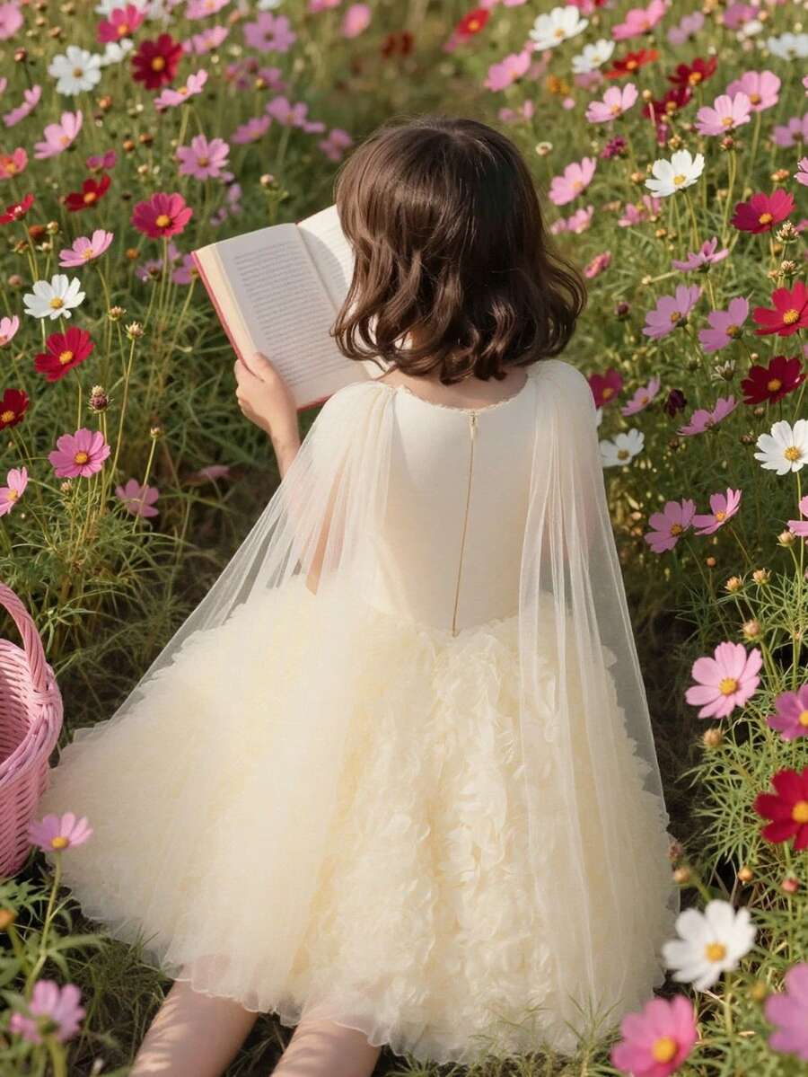 SHEIN Glamorique Kids 小女孩公主裙,杏色3D玫瑰花卉网纱无袖连衣裙,荷叶边肩部设计,适合生日派对、婚礼、节日、夏季穿着 - 杏色 - 查看 1