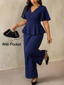 SHEIN Clasi Plus Size Women's 2 Piece Set,Navy Blue Summer Elegant Formal Work Outfits,V-Neck Short Sleeve Top And Pants With Pockets,Solid Outfit Sets - Navy Blue - View 2