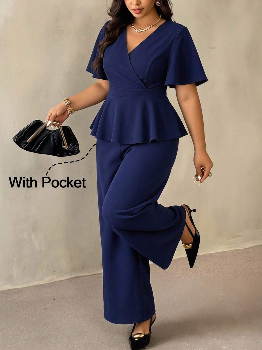 SHEIN Clasi Plus Size Women's 2 Piece Set,Navy Blue Summer Elegant Formal Work Outfits,V-Neck Short Sleeve Top And Pants With Pockets,Solid Outfit Sets