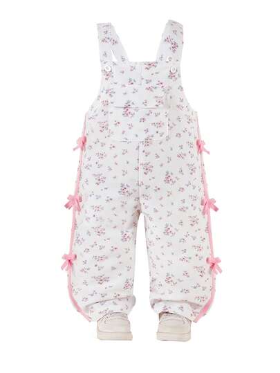 Pantalones de peto vaqueros de estilo casual para niñas, color caqui con decoración de lazo, pierna recta holgada, tela suave y cómoda, uso versátil diario, adecuado para primavera, verano, otoño e invierno